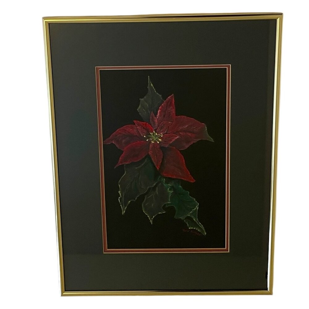 Vintage Original Watercolor Poinsettia Painting Signed Bev Koger Framed 18x14‎